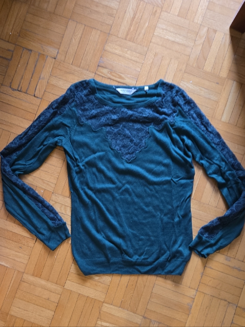 🔴NAF NAF Dark Teal Lace-Trim Knit Top